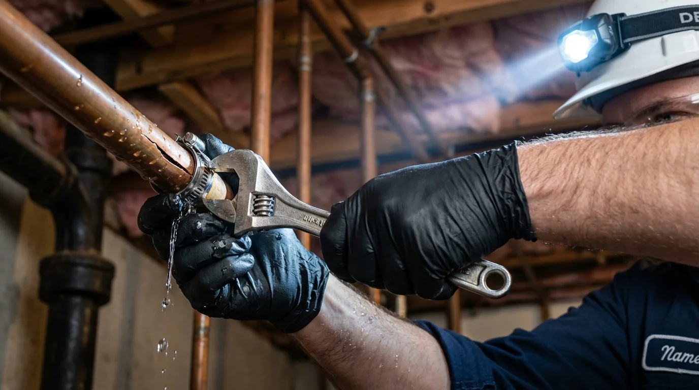Emergency pipe clamp repair being performed by a Johns Plumbing LLC plumber in Mesquite
