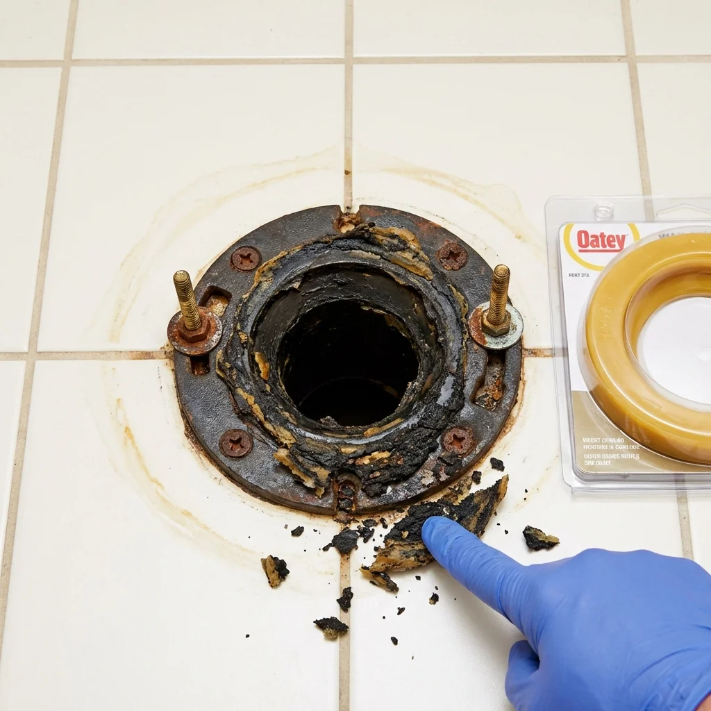 Failed wax ring showing water seepage at the base of a toilet in a Mesquite, NM home