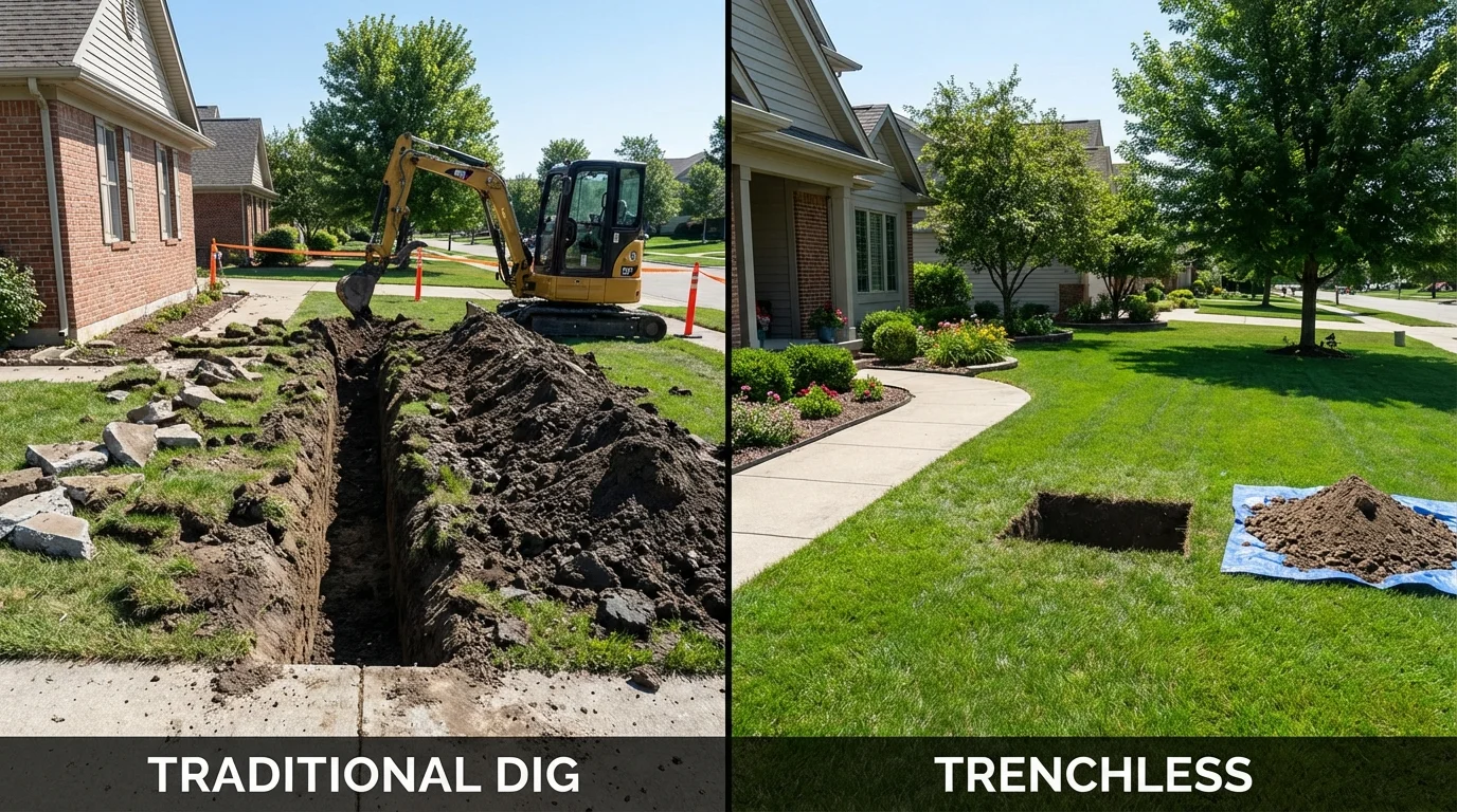 Trenchless sewer repair with minimal yard damage versus traditional excavation in Mesquite, NM