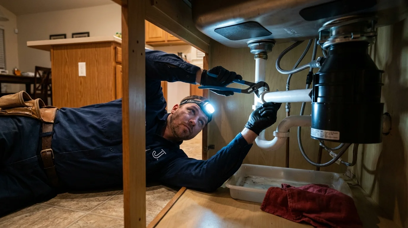 P-trap and supply line connections under a kitchen sink showing a common leak point in Mesquite, NM